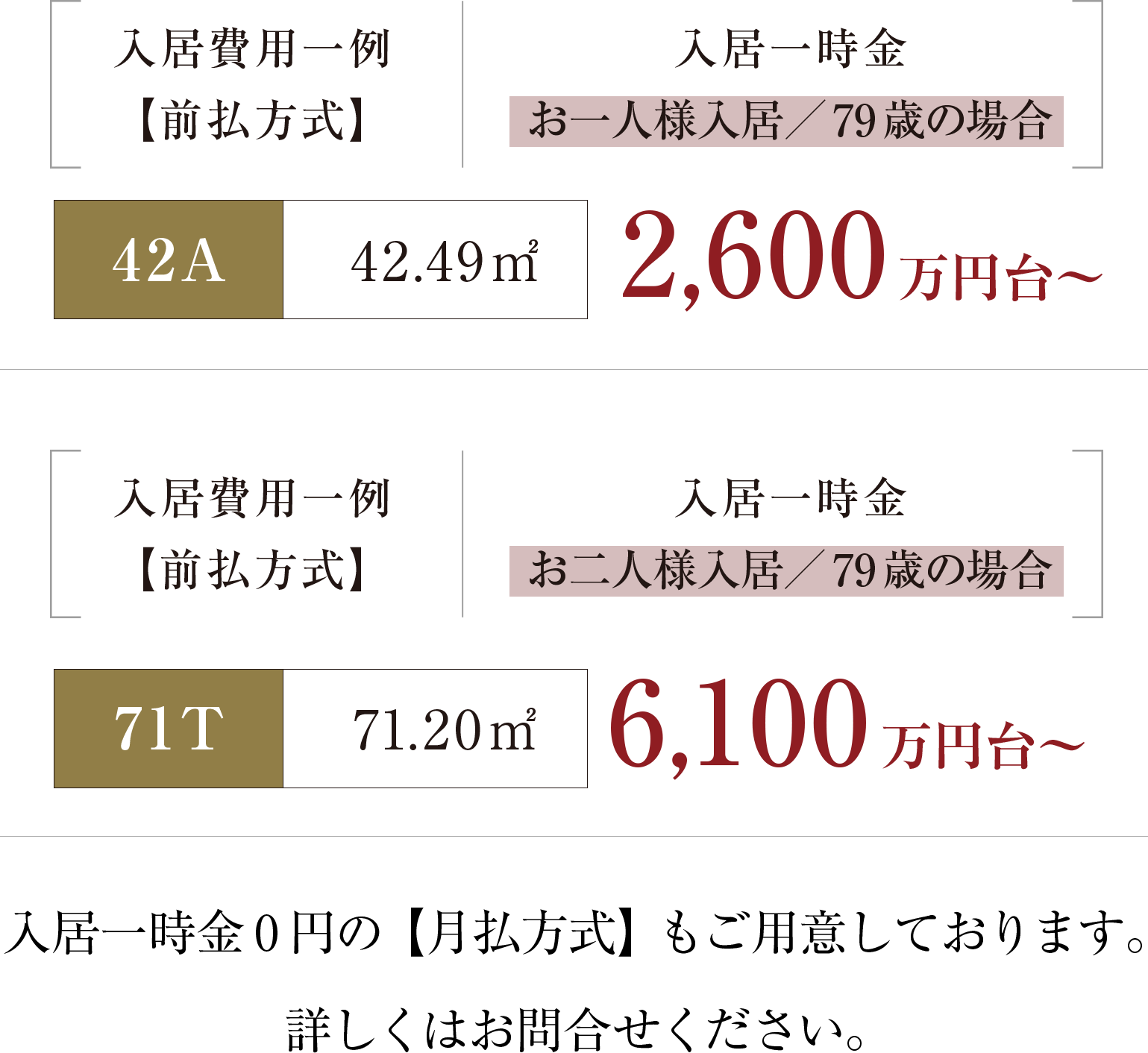 入居費用一例。入居一時金0円の【月払方式】もご用意。