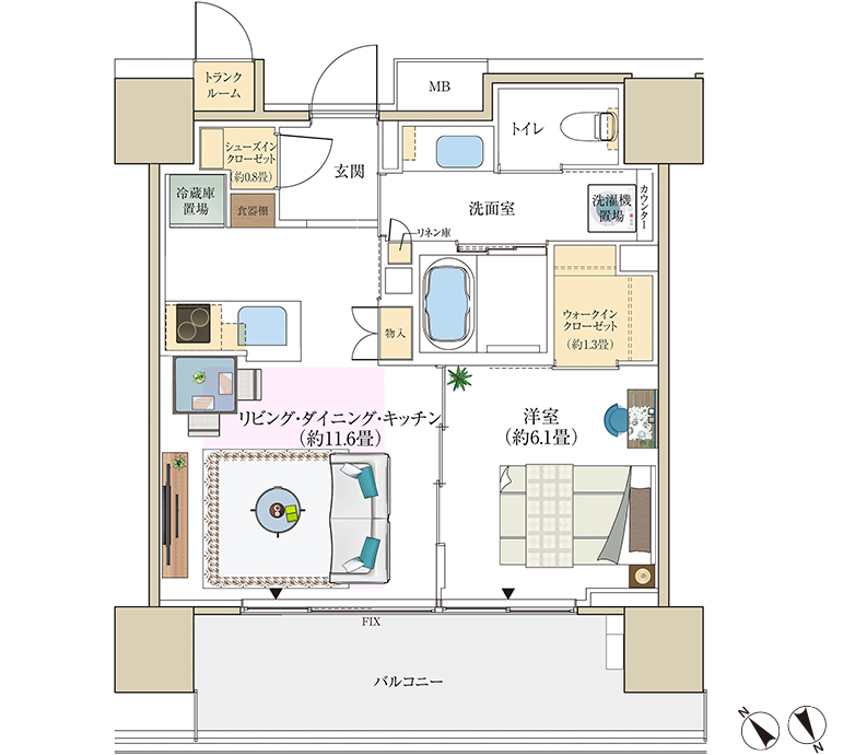 C47aタイプ 1LDK+WIC+SICの間取り図
